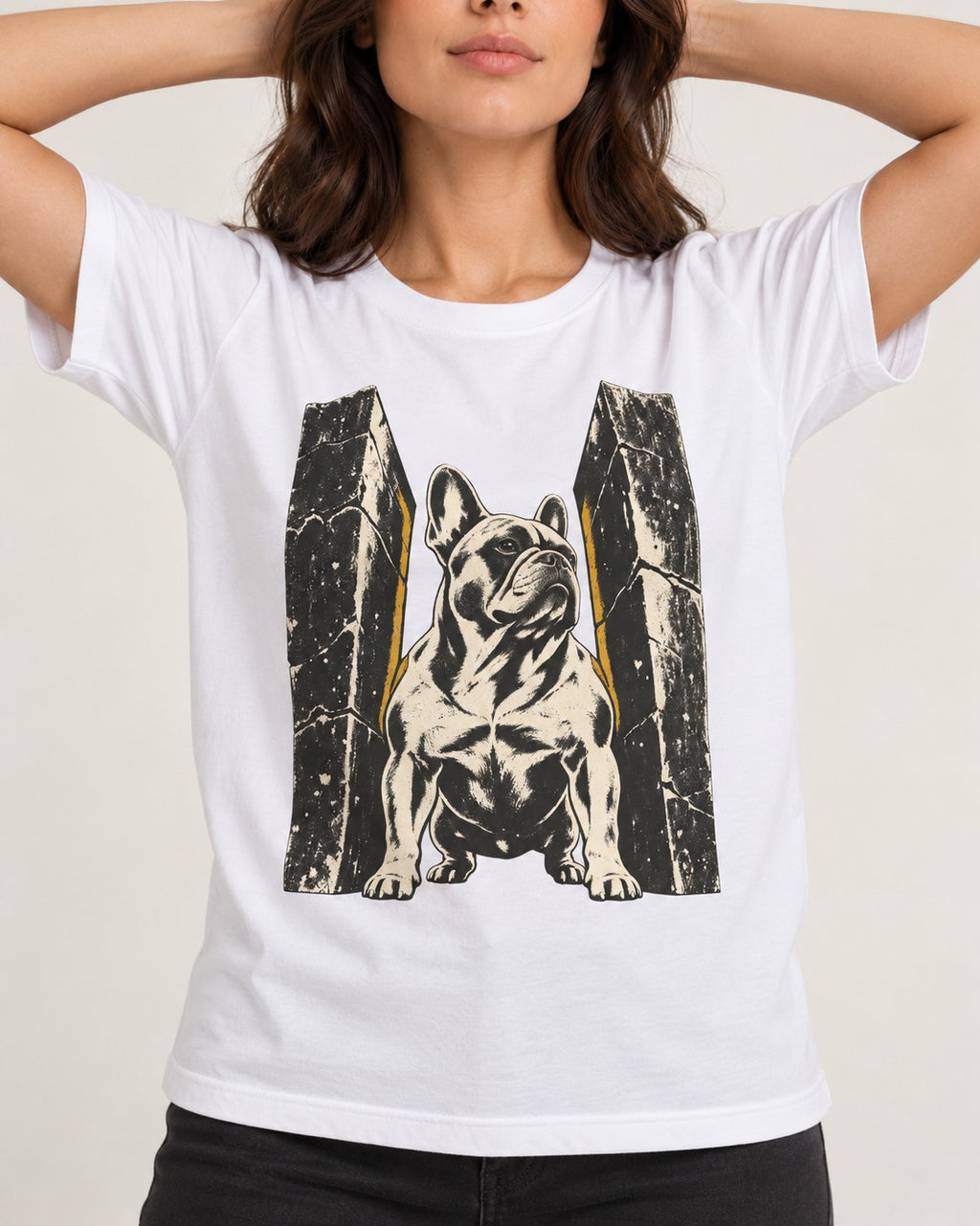 Frenchie Unbreakable T-Shirt in White, worn by a model, front view