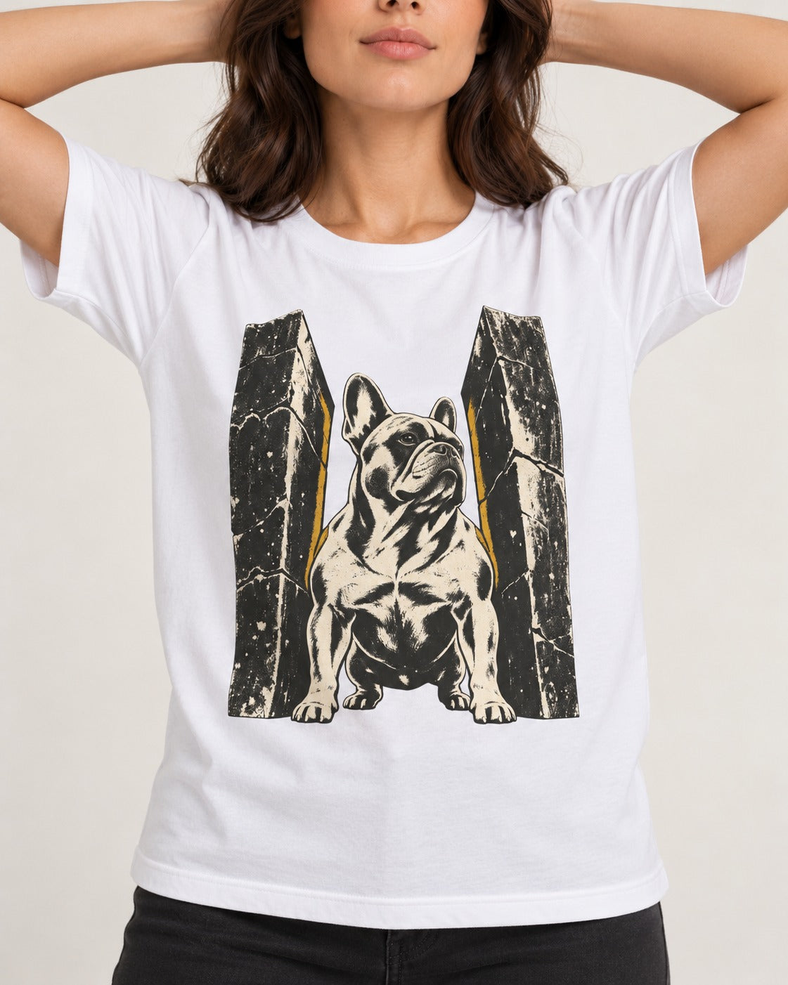 Frenchie Unbreakable T-Shirt in White, worn by a model, front view