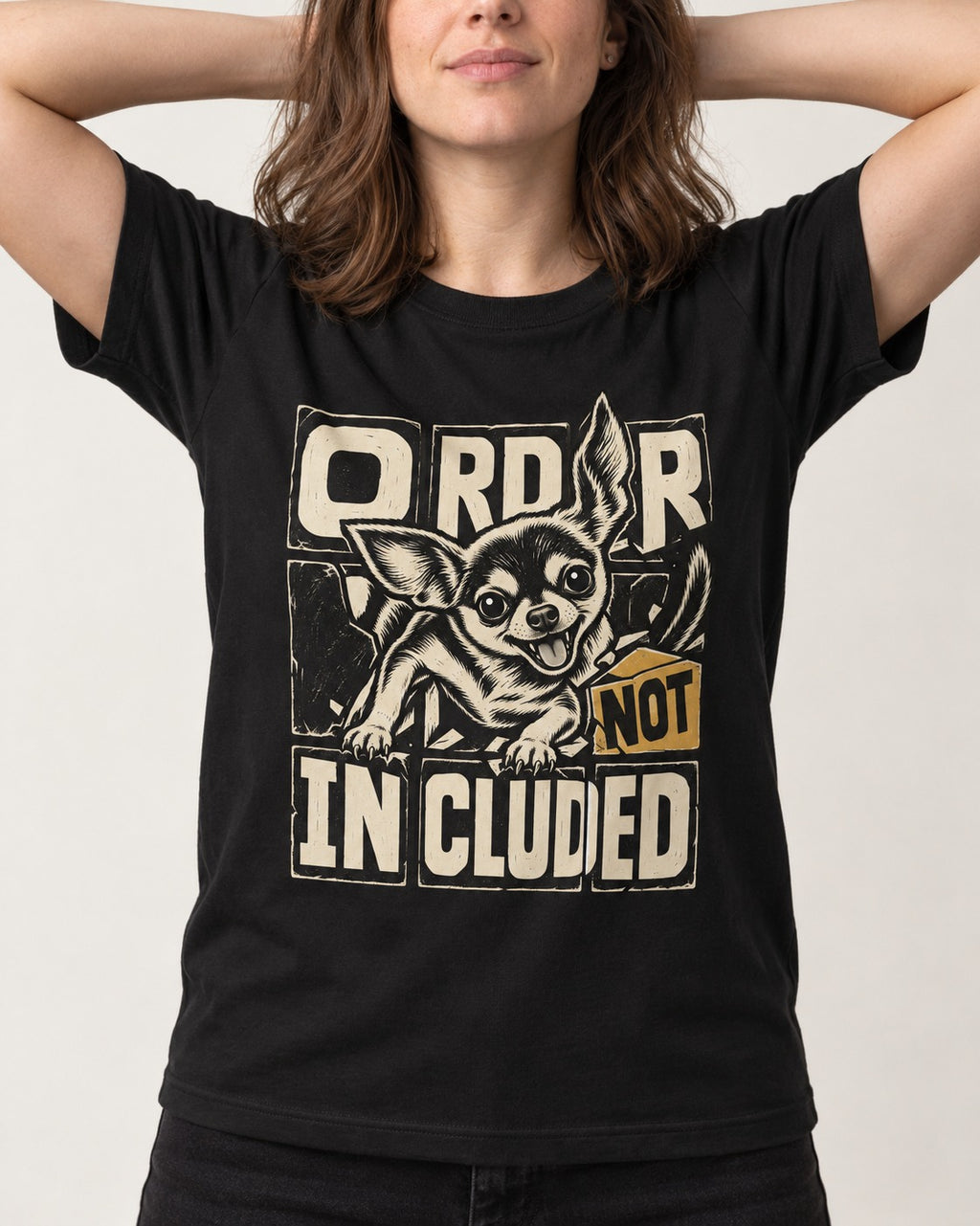 Chihuahua Order Not Included Broken Grid Graphic T-Shirt in Black, worn by a model, front view