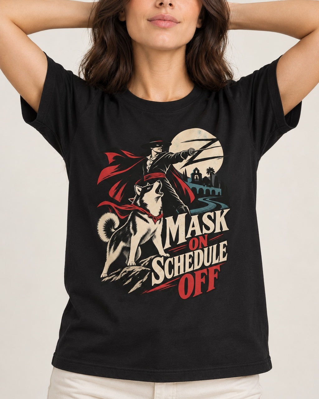 Husky Mask On Schedule Off Masked Swordsman Graphic T-Shirt in Black, worn by a model, front view