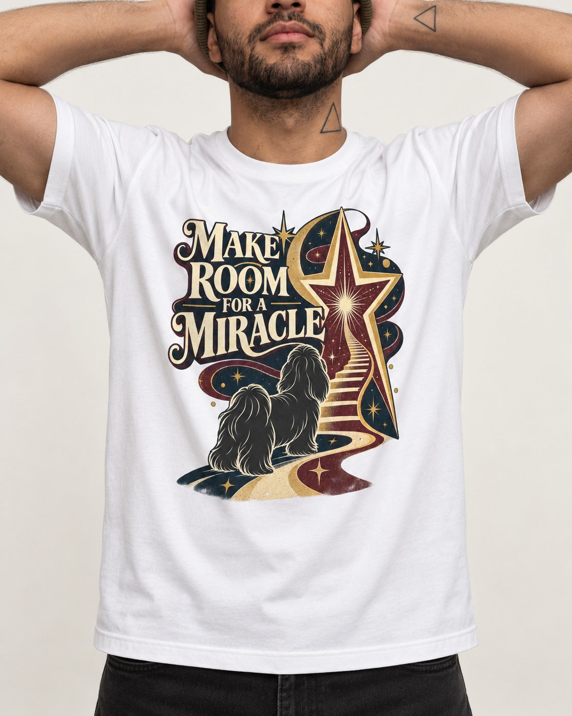 Room for a Shih Tzu Miracle T-Shirt in White, worn by a model, front view