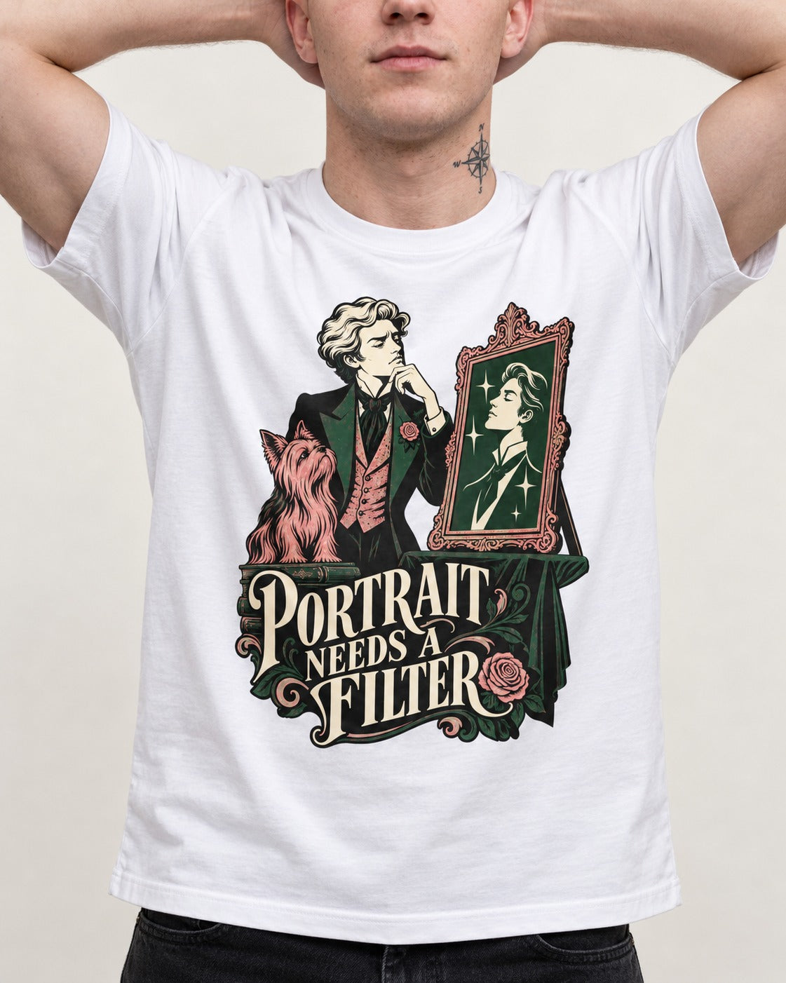 Yorkshire Terrier Needs a Filter T-Shirt in White, worn by a model, front view