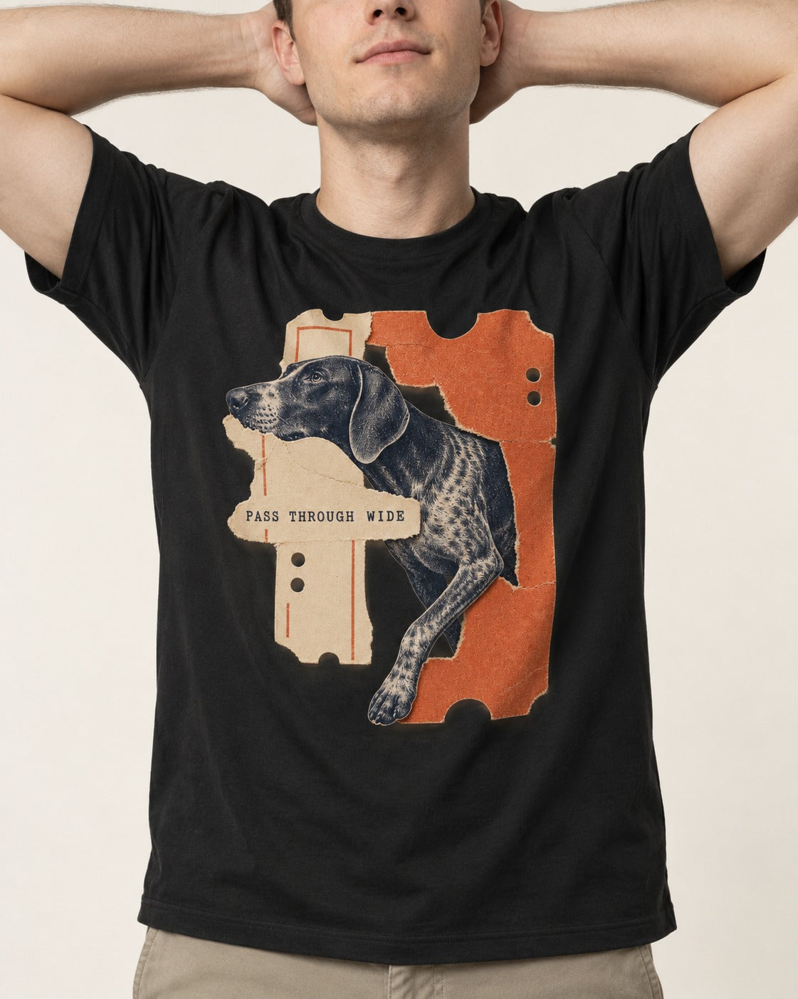 German Shorthaired Pointer Pass Through Wide Ticket Graphic T-Shirt in Black, worn by a model, front view