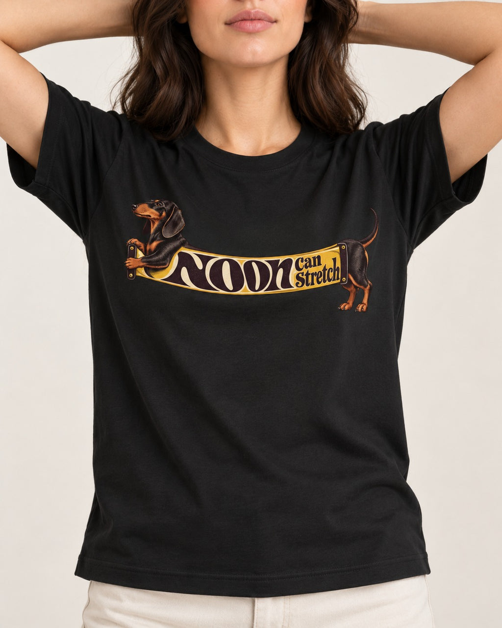 Dachshund Noon Can Stretch Sign Graphic T-Shirt in Black, worn by a model, front view