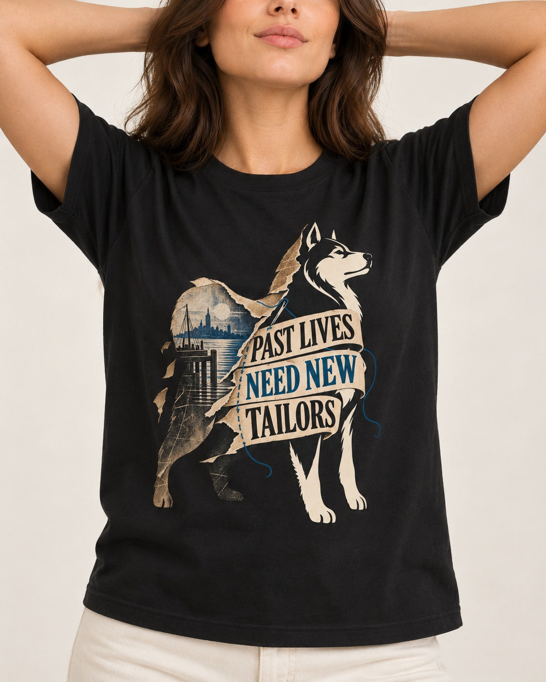 Husky Past Lives Need New Tailors Split Identity Graphic T-Shirt in Black, worn by a model, front view
