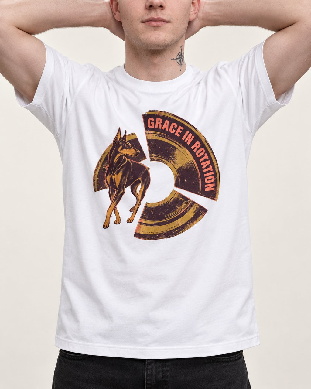 Doberman Grace in Rotation T-Shirt in White, worn by a model, front view