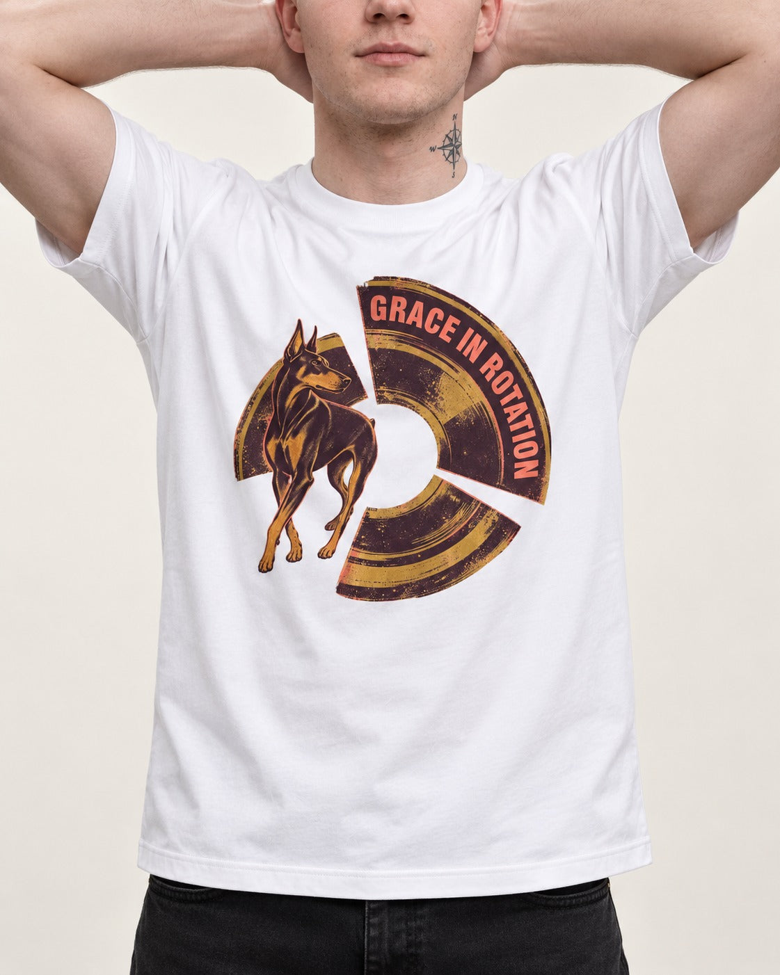 Doberman Grace in Rotation T-Shirt in White, worn by a model, front view