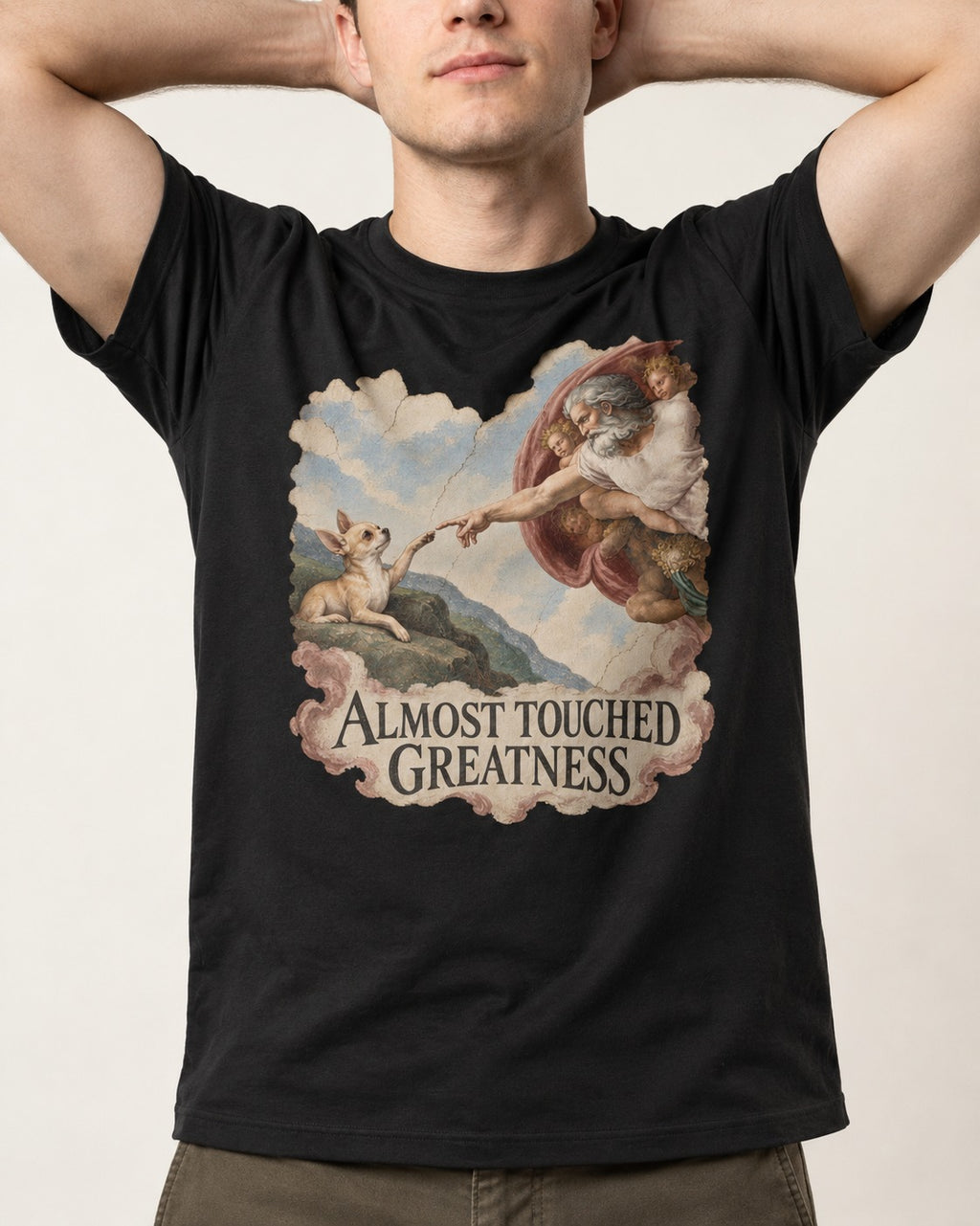 Chihuahua Almost Touched Greatness Renaissance Parody T-Shirt in Black, worn by a model, front view
