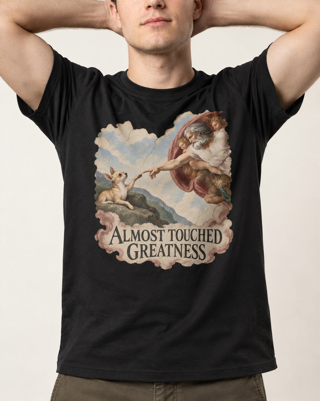 Chihuahua Almost Touched Greatness Renaissance Parody T-Shirt in Black, worn by a model, front view