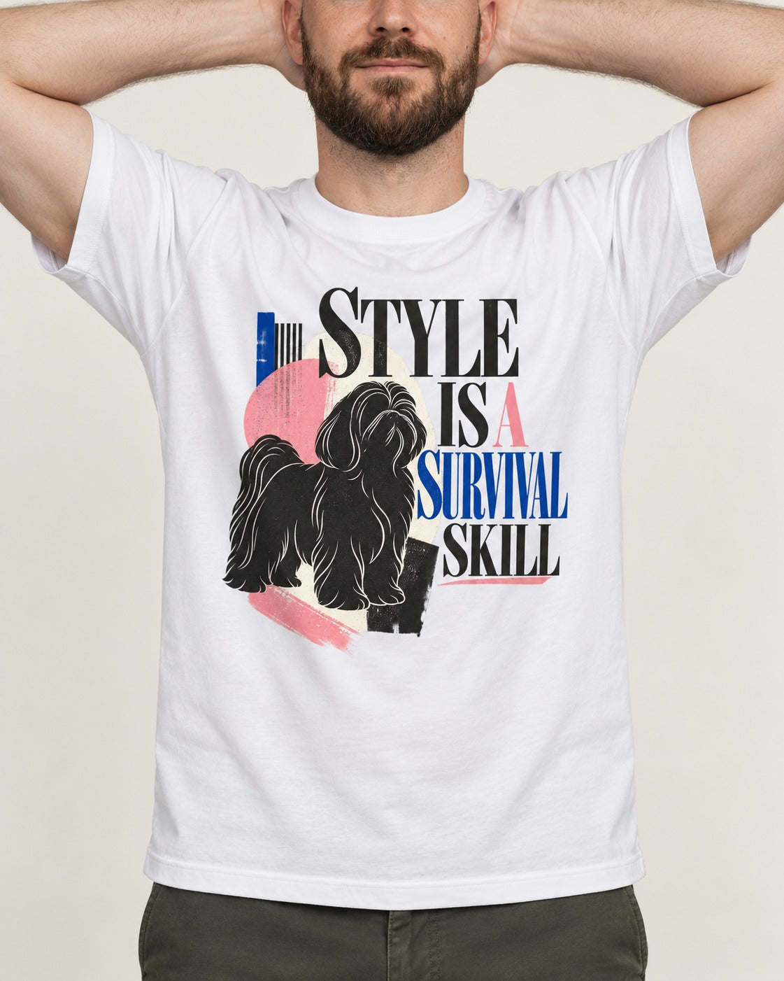 Shih Tzu Survival Skill T-Shirt in White, worn by a model, front view