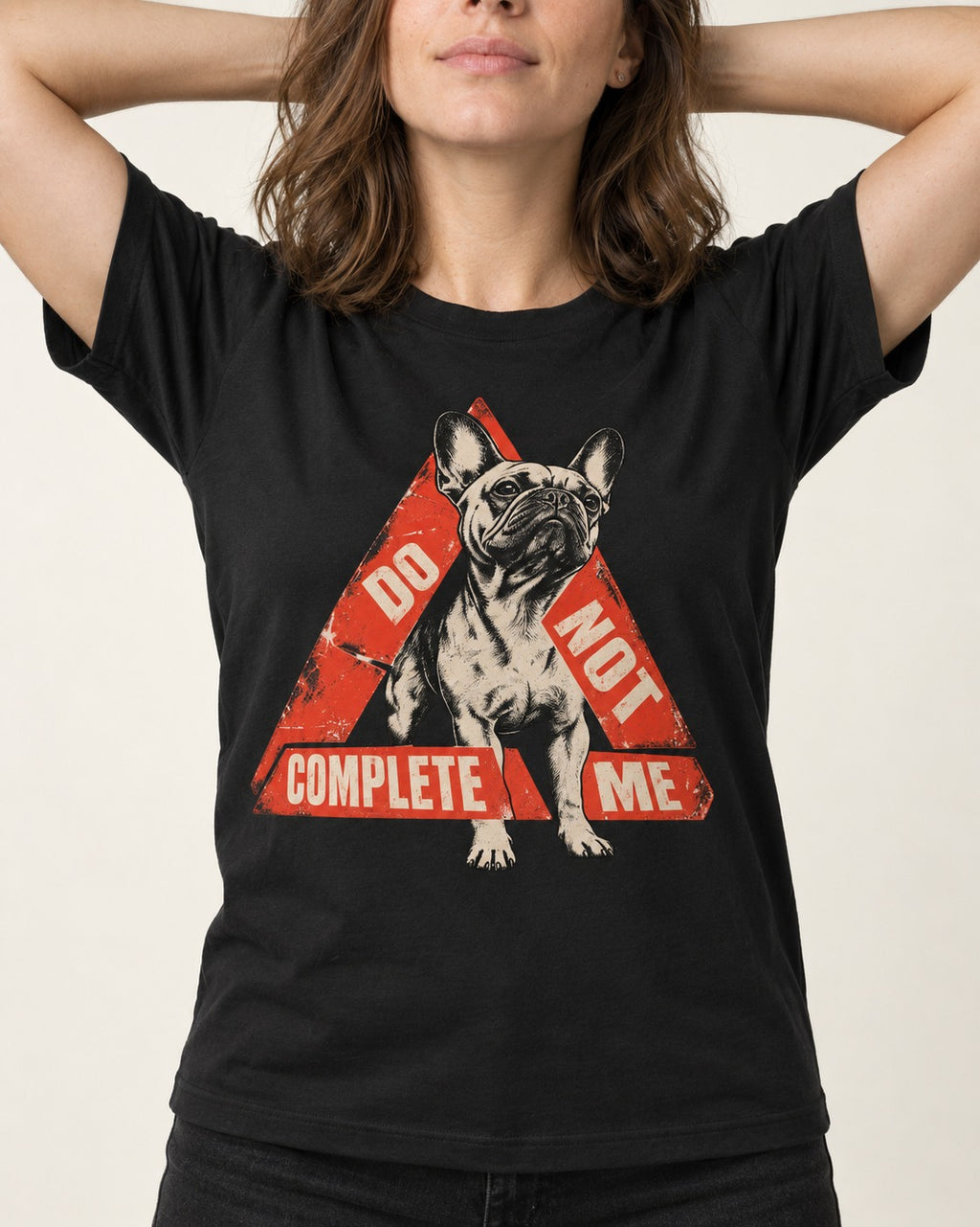 Frenchie Do Not Complete Me Warning Triangle Graphic T-Shirt in Black, worn by a model, front view