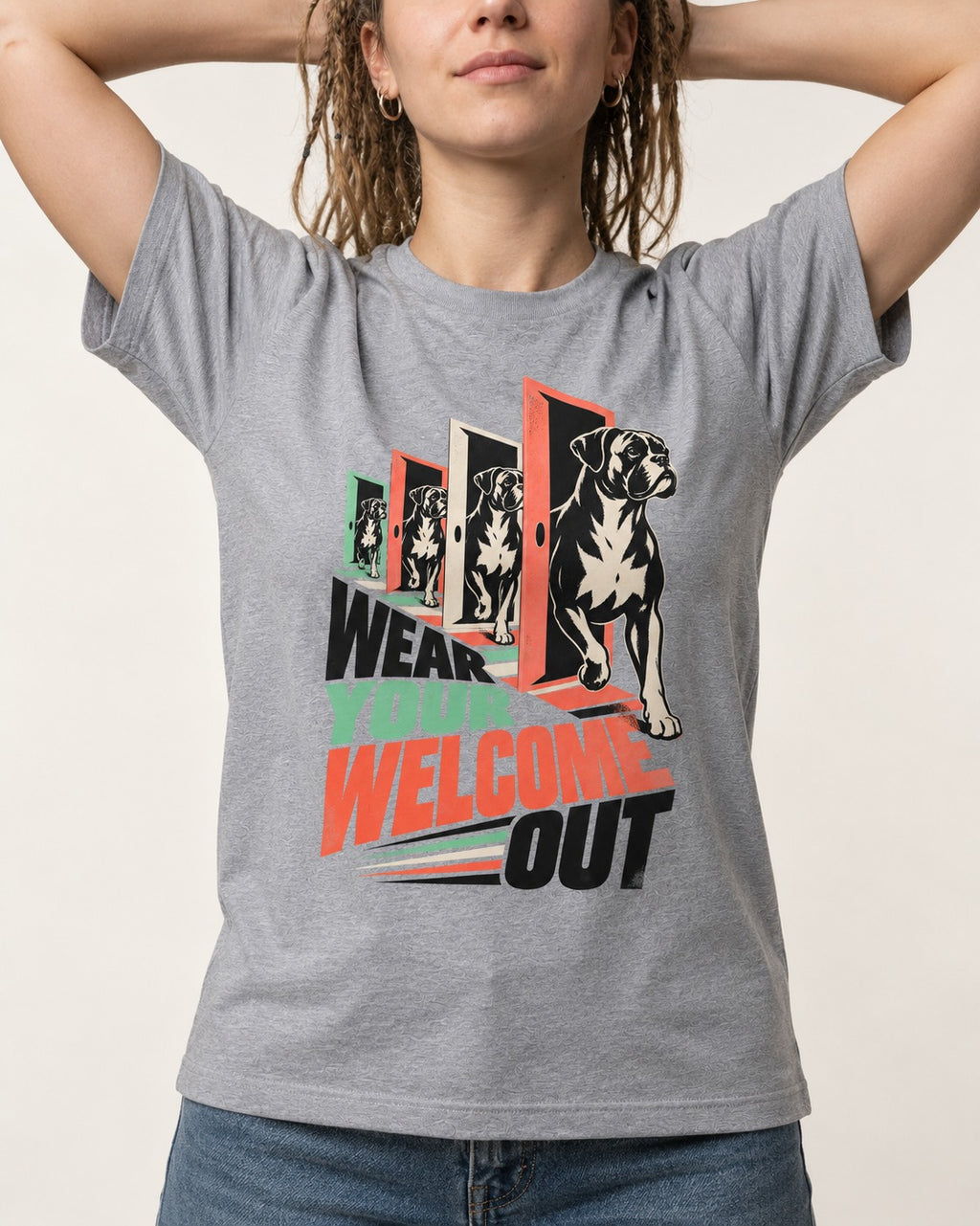 Wear Your Welcome Out Boxer Doorway Progression Graphic T-Shirt in Sport Grey, worn by a model, front view