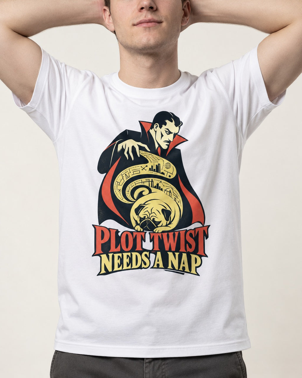 Pug Needs a Nap T-Shirt in White, worn by a model, front view