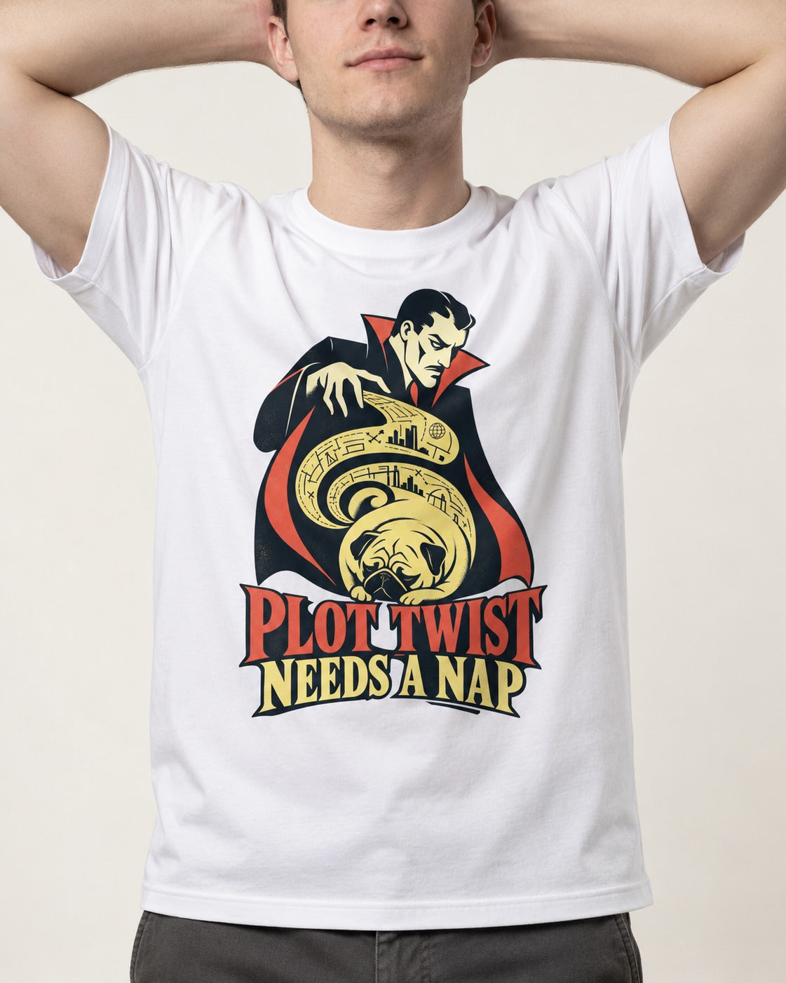 Pug Needs a Nap T-Shirt in White, worn by a model, front view