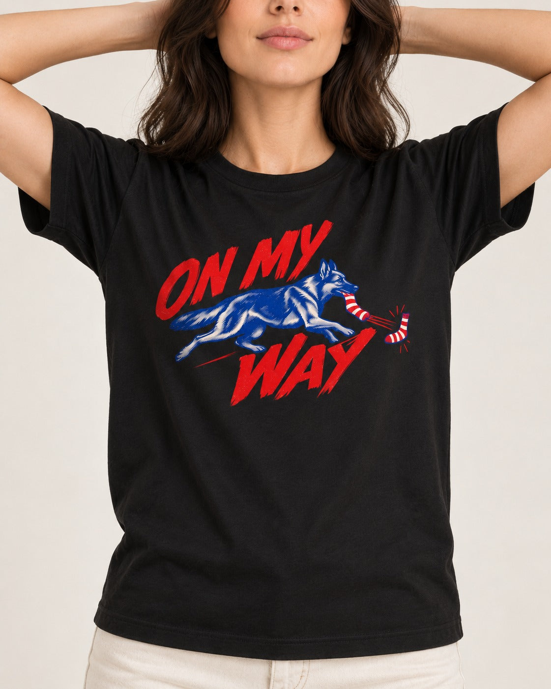 German Shepherd Dog On My Way Sock Chase Graphic T-Shirt in Black, worn by a model, front view