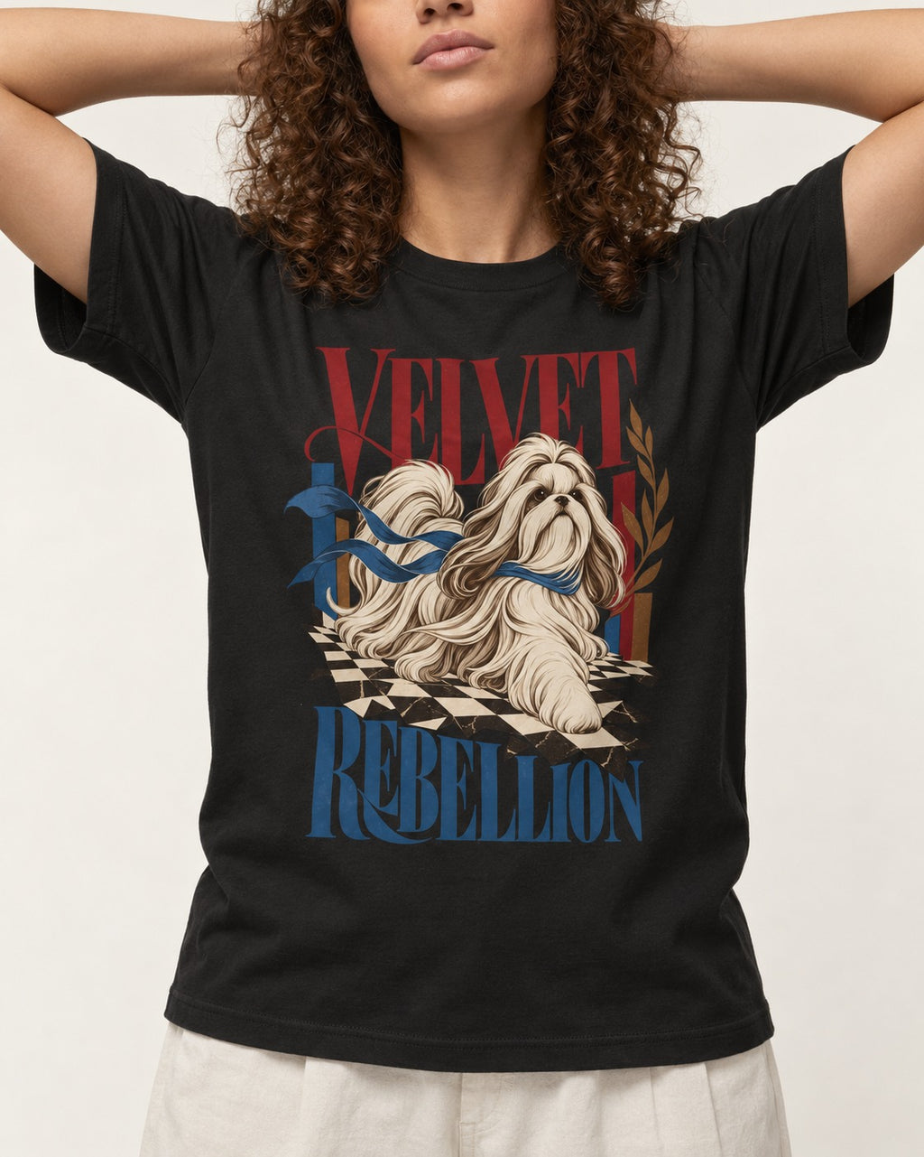Shih Tzu Velvet Rebellion Checkerboard Graphic T-Shirt in Black, worn by a model, front view