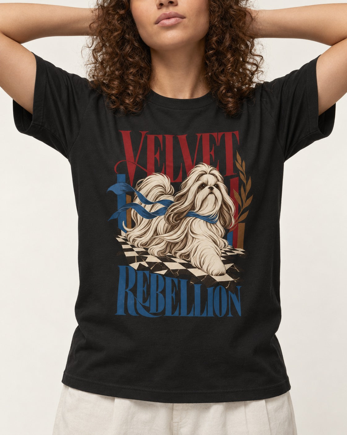 Shih Tzu Velvet Rebellion Checkerboard Graphic T-Shirt in Black, worn by a model, front view