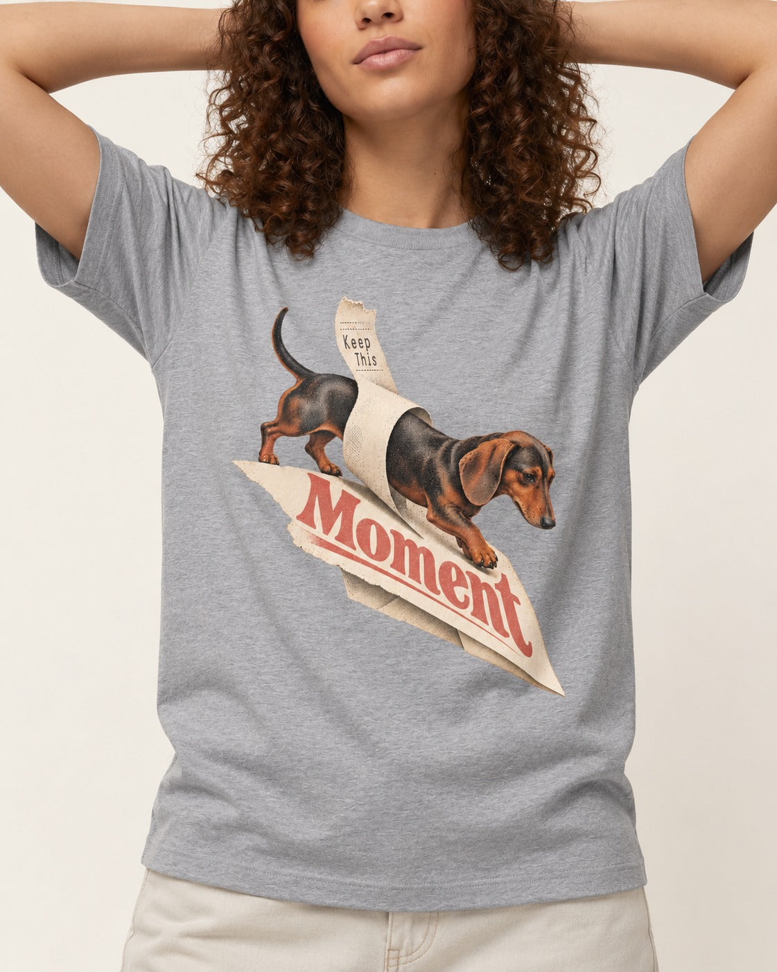 Dachshund Keep This Moment Receipt Graphic T-Shirt in Sport Grey, worn by a model, front view
