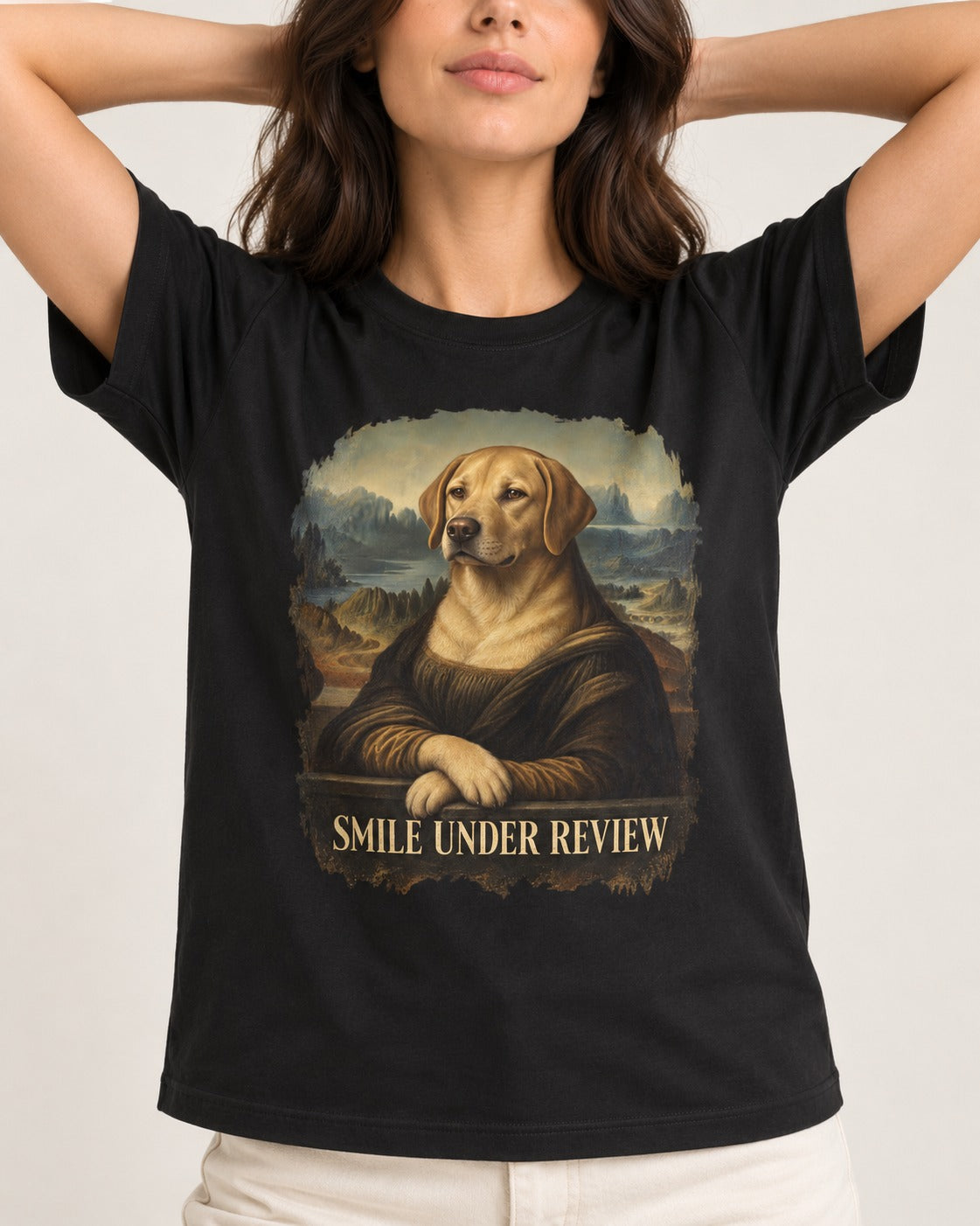 Labrador Retriever Smile Under Review Mona Lisa Graphic T-Shirt in Black, worn by a model, front view