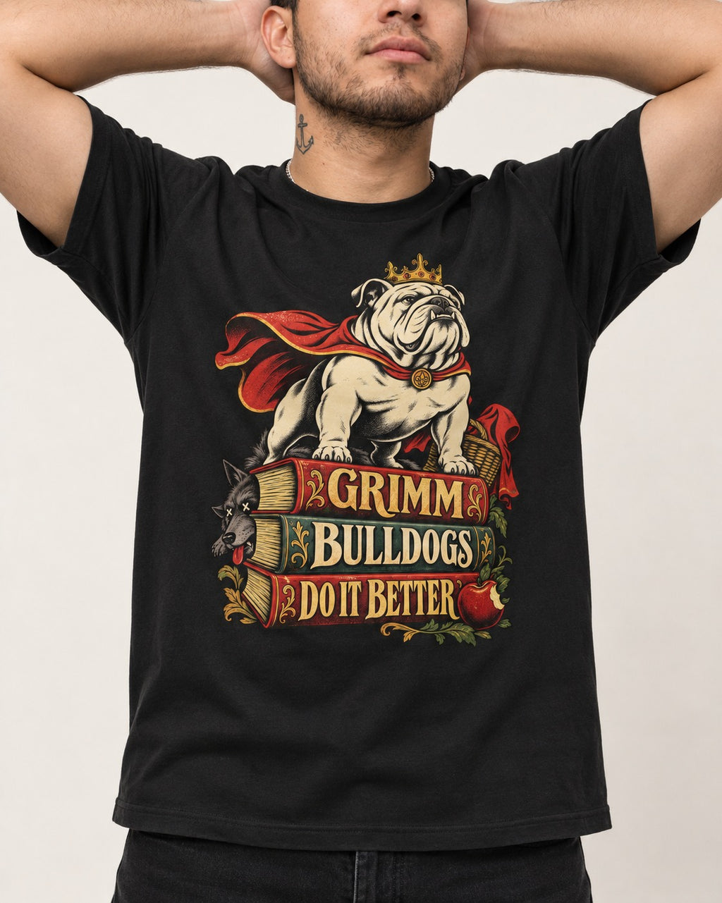 English Bulldog Grimm Bulldogs Do It Better Storybook Graphic T-Shirt in Black, worn by a model, front view