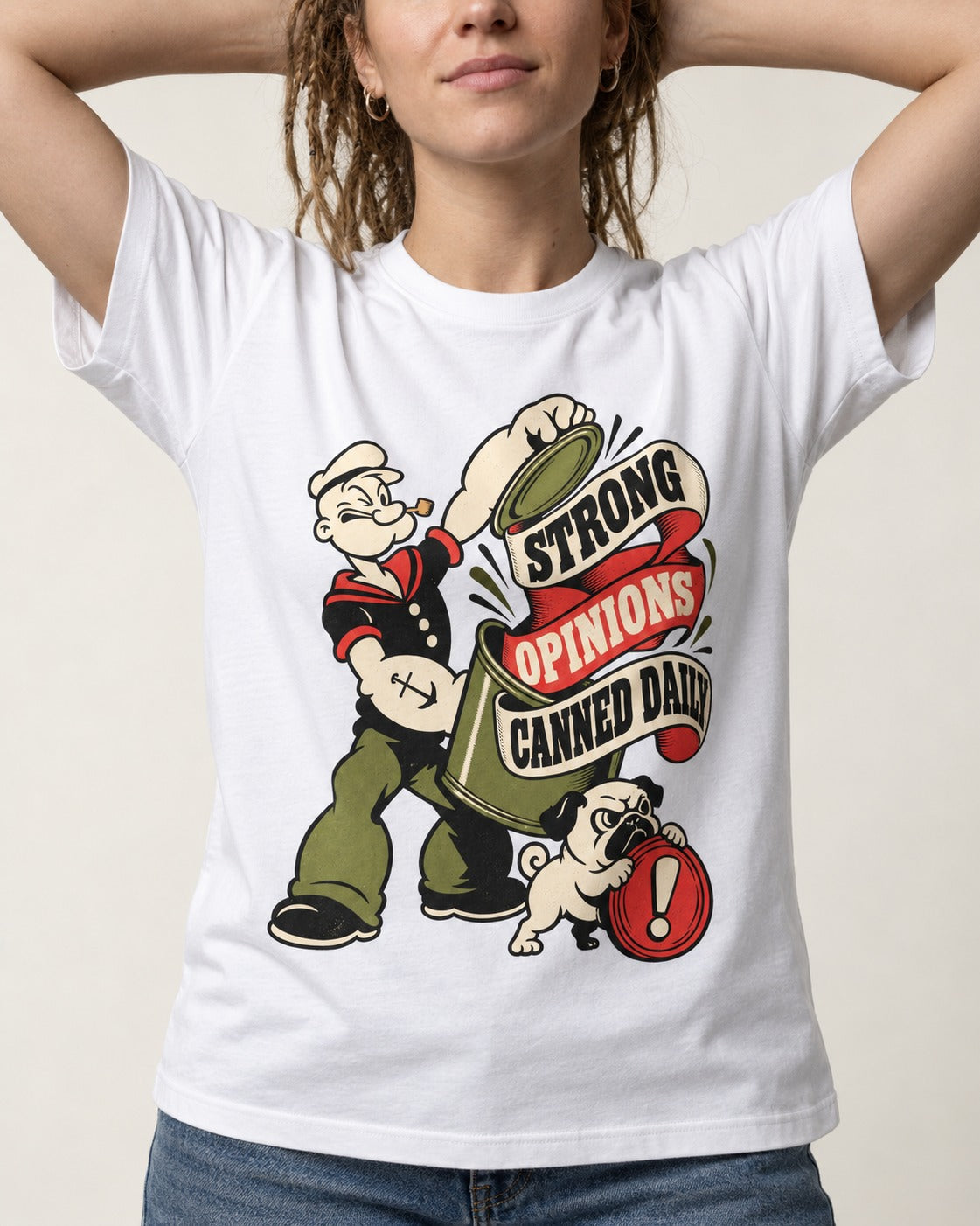 Pug Strong Opinions T-Shirt in White, worn by a model, front view