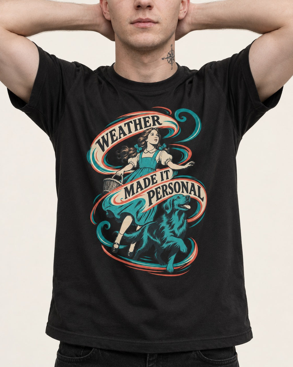 Golden Retriever Weather Made It Personal Woman Graphic T-Shirt in Black, worn by a model, front view
