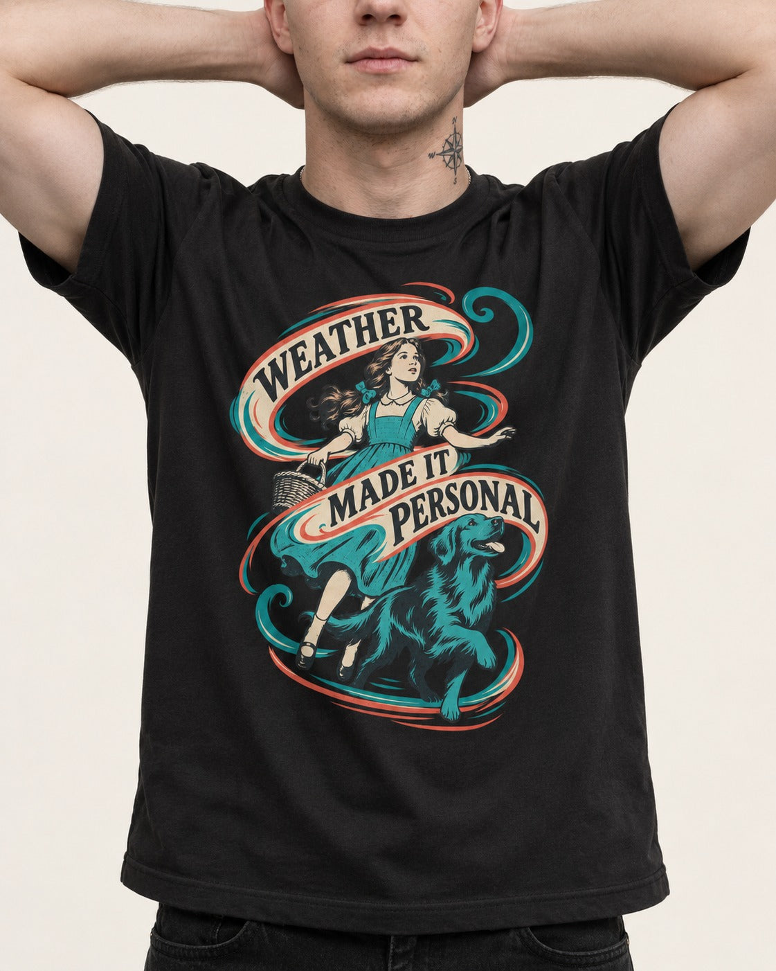 Golden Retriever Weather Made It Personal Woman Graphic T-Shirt in Black, worn by a model, front view