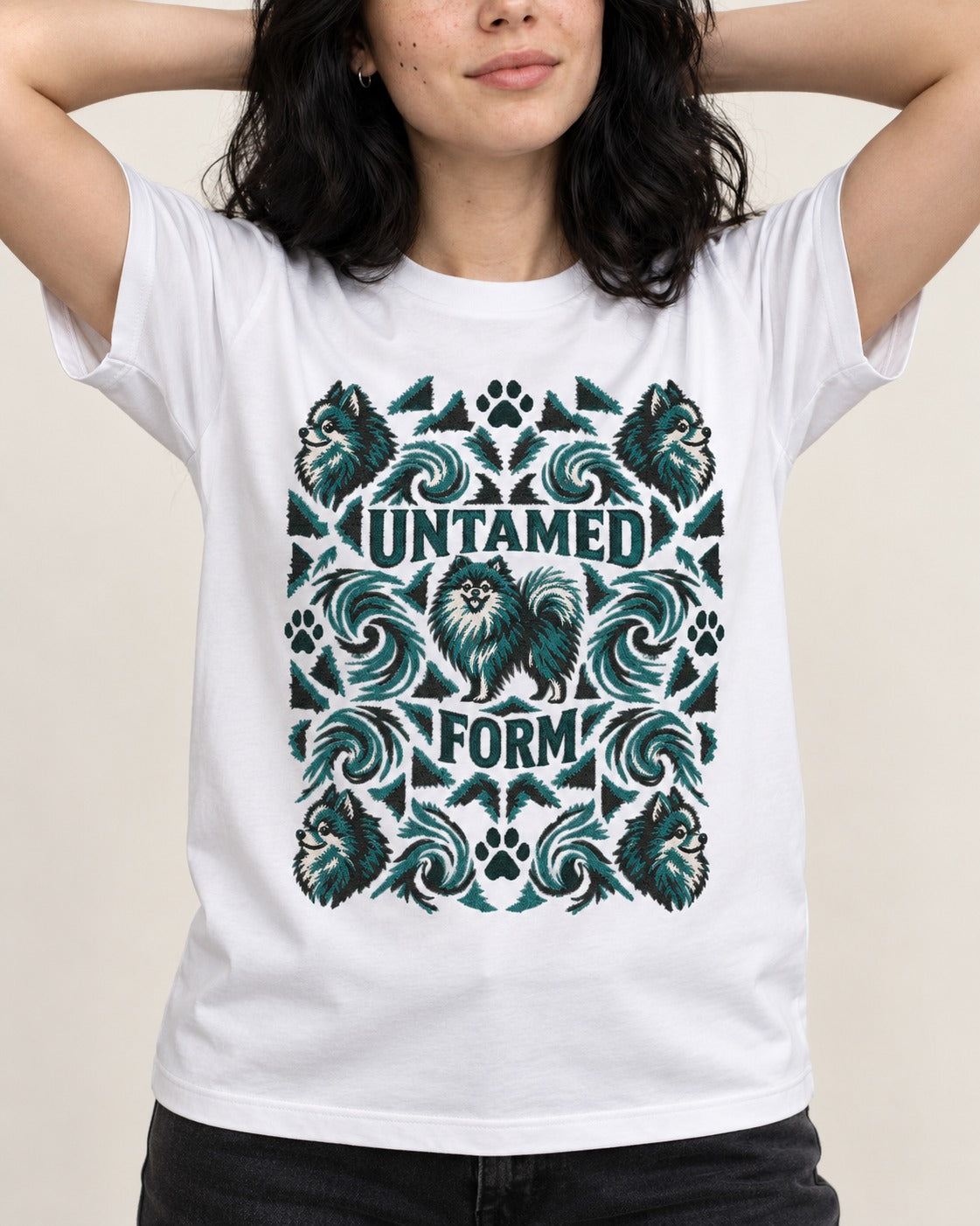 Pomeranian Untamed Form T-Shirt in White, worn by a model, front view