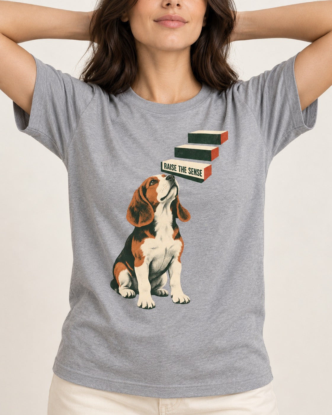 Raise The Sense Beagle Scent Hound T-Shirt in Sport Grey, worn by a model, front view