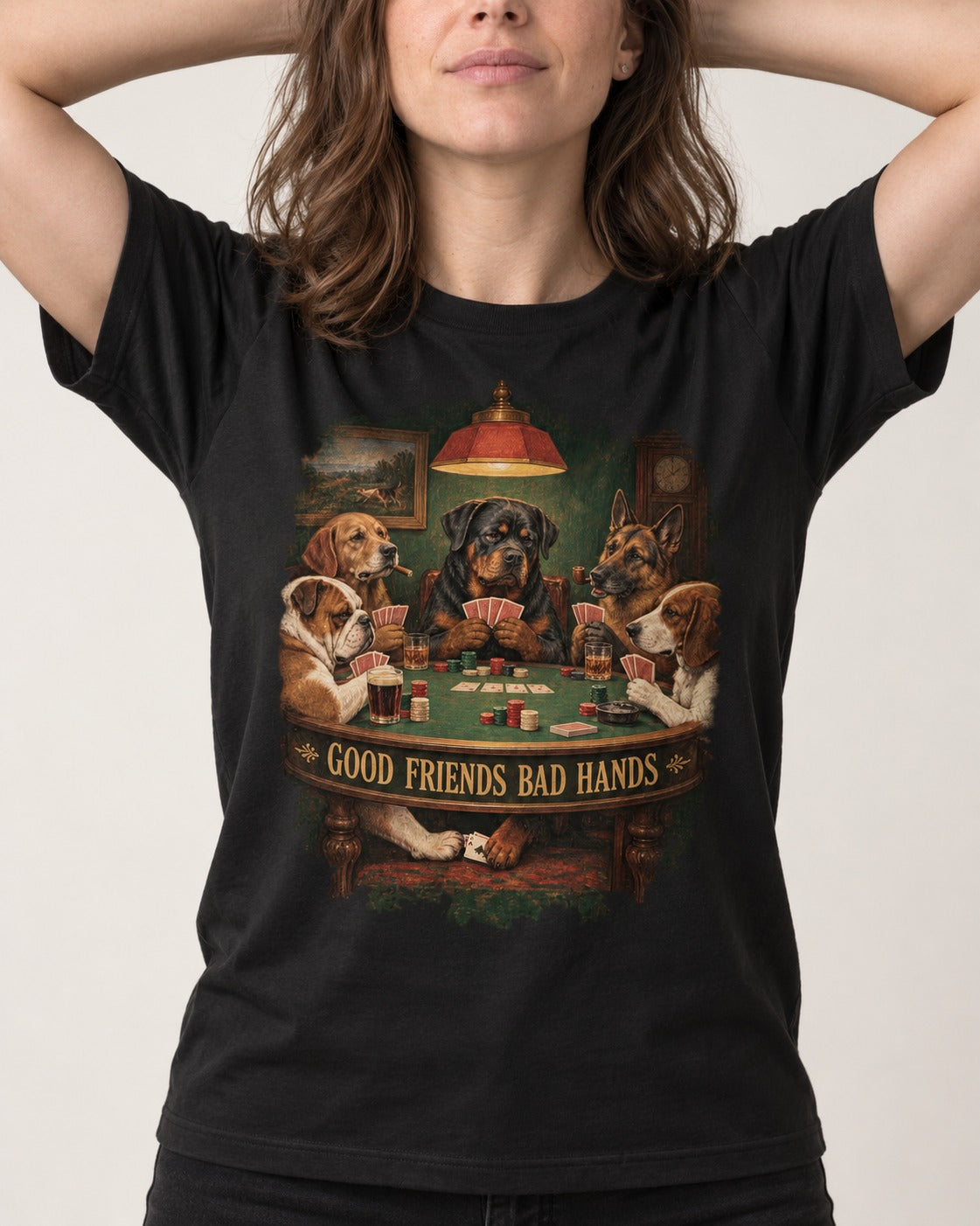 Rottweiler Good Friends Bad Hands Poker Night Graphic T-Shirt in Black, worn by a model, front view