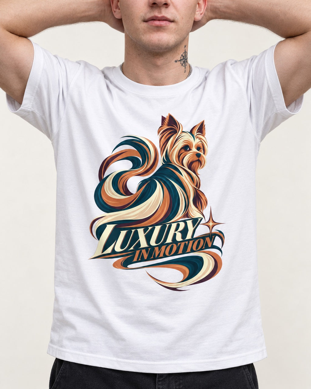 Yorkshire Terrier Luxury in Motion T-Shirt in White, worn by a model, front view