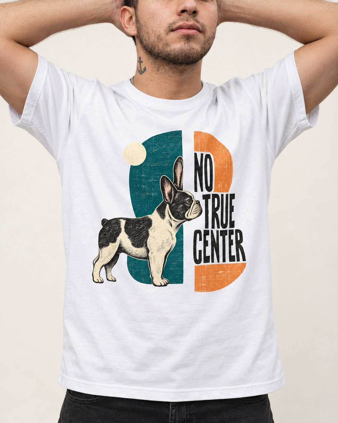 No True Center Frenchie T-Shirt in White, worn by a model, front view