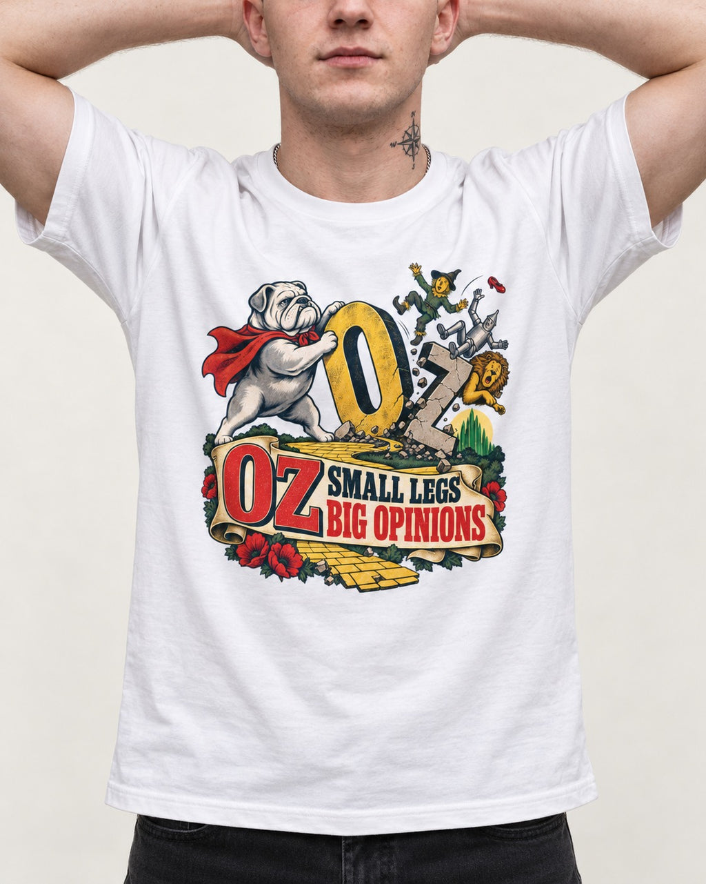 English Bulldog Small Legs Big Opinions T-Shirt in White, worn by a model, front view