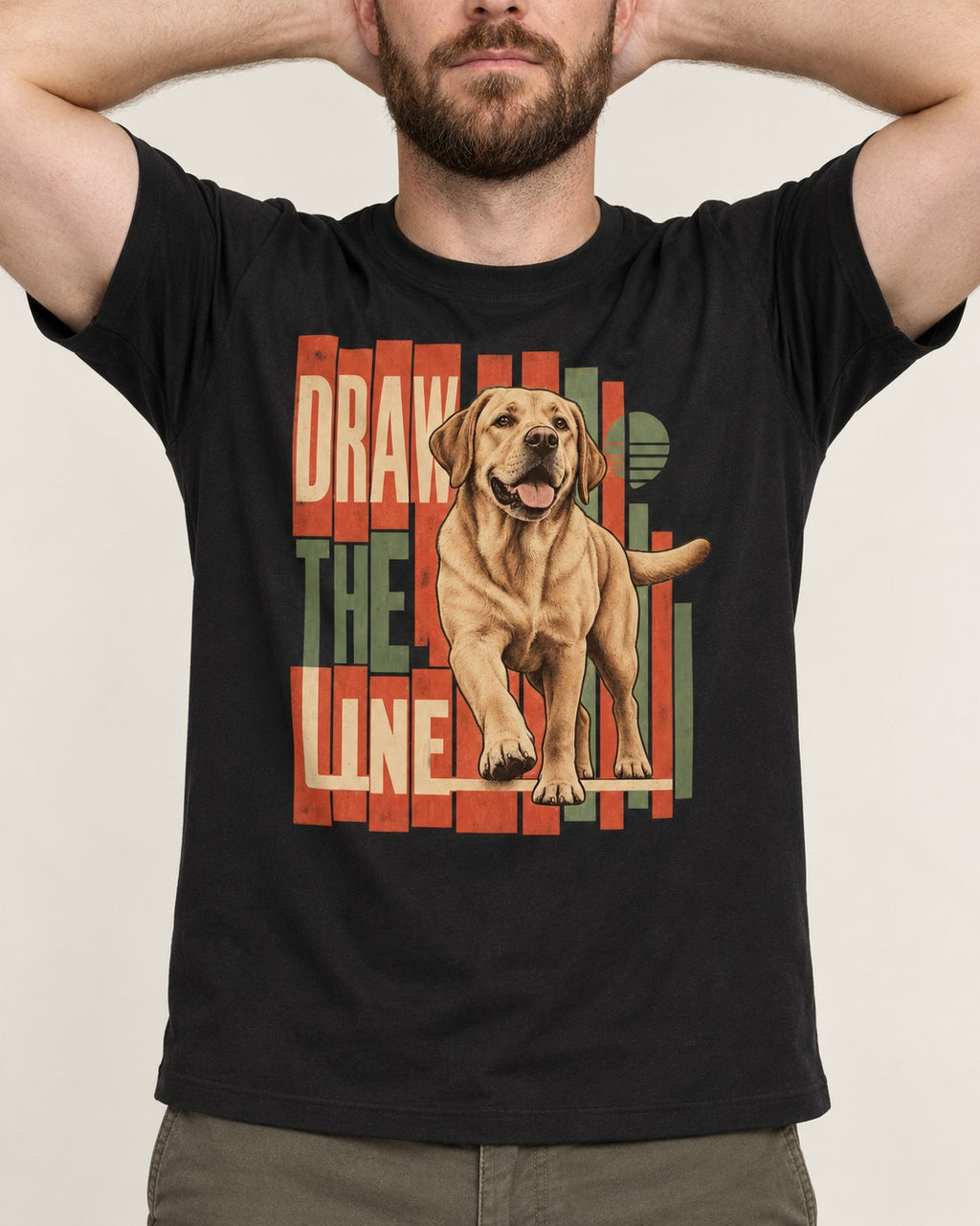Labrador Retriever Draw the Line Stepping Graphic T-Shirt in Black, worn by a model, front view
