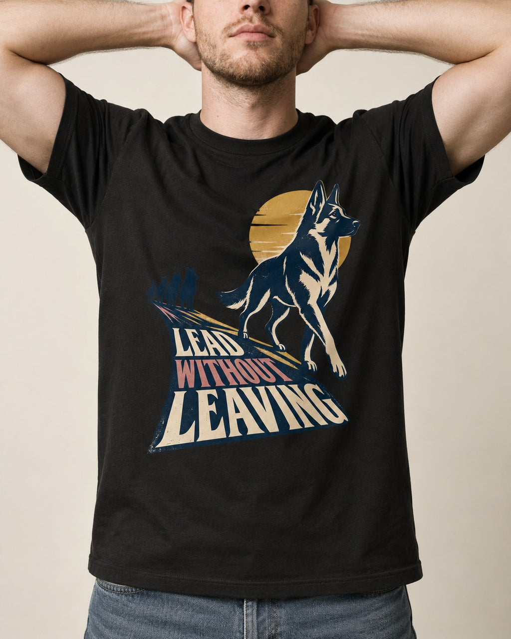 Lead Without Leaving Perspective German Shepherd Dog Graphic T-Shirt in Black, worn by a model, front view