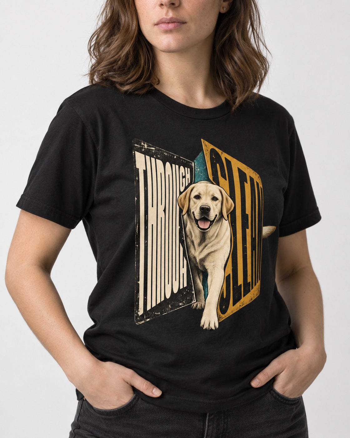 Labrador Retriever Through Steel Split Sign Graphic T-Shirt in Black, worn by a model, front view