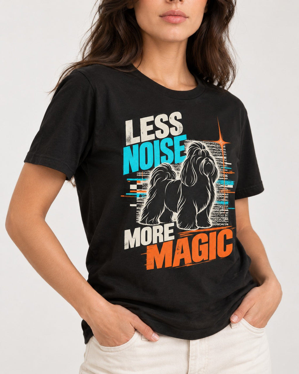 Shih Tzu Less Noise More Magic Pop Art Graphic T-Shirt in Black, worn by a model, front view