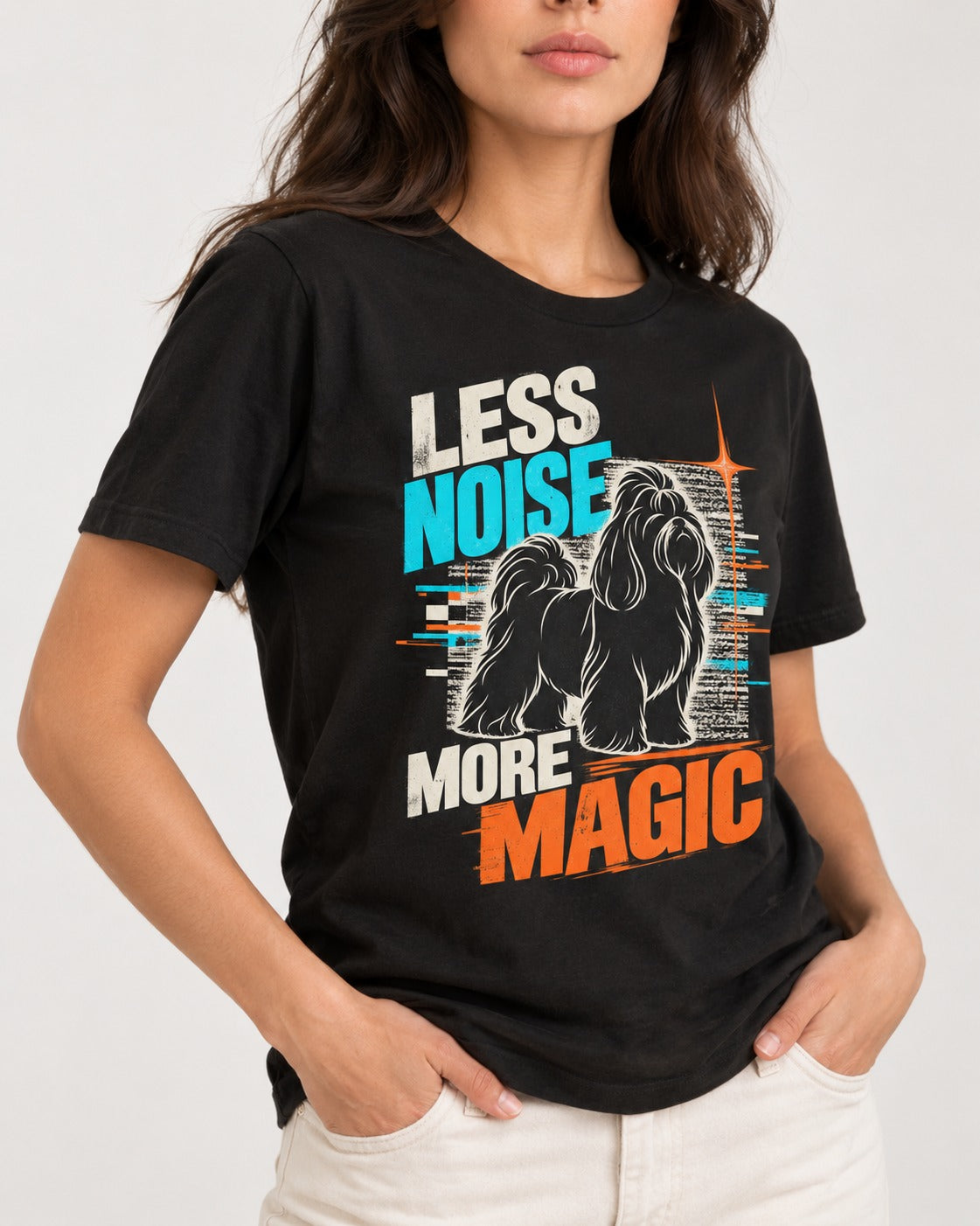 Shih Tzu Less Noise More Magic Pop Art Graphic T-Shirt in Black, worn by a model, front view