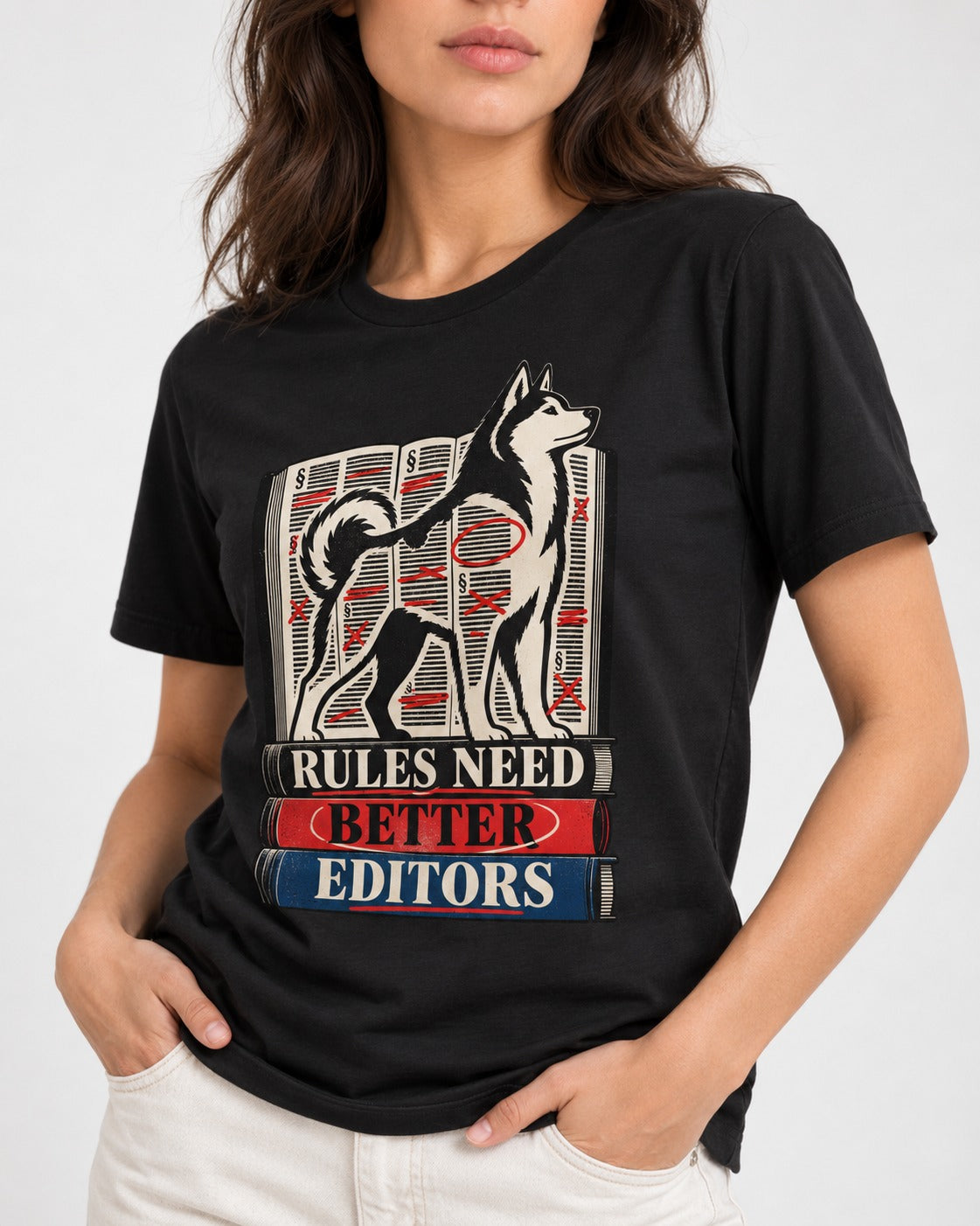 Husky Rules Need Better Editors Book Stack Graphic T-Shirt in Black, worn by a model, front view