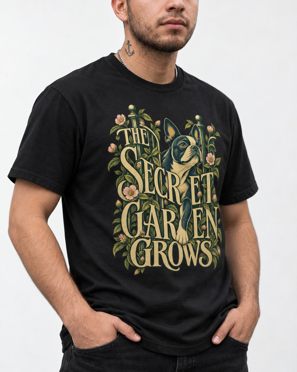 The Secret Garden Grows Boston Terrier T-Shirt in Black, worn by a model, front view