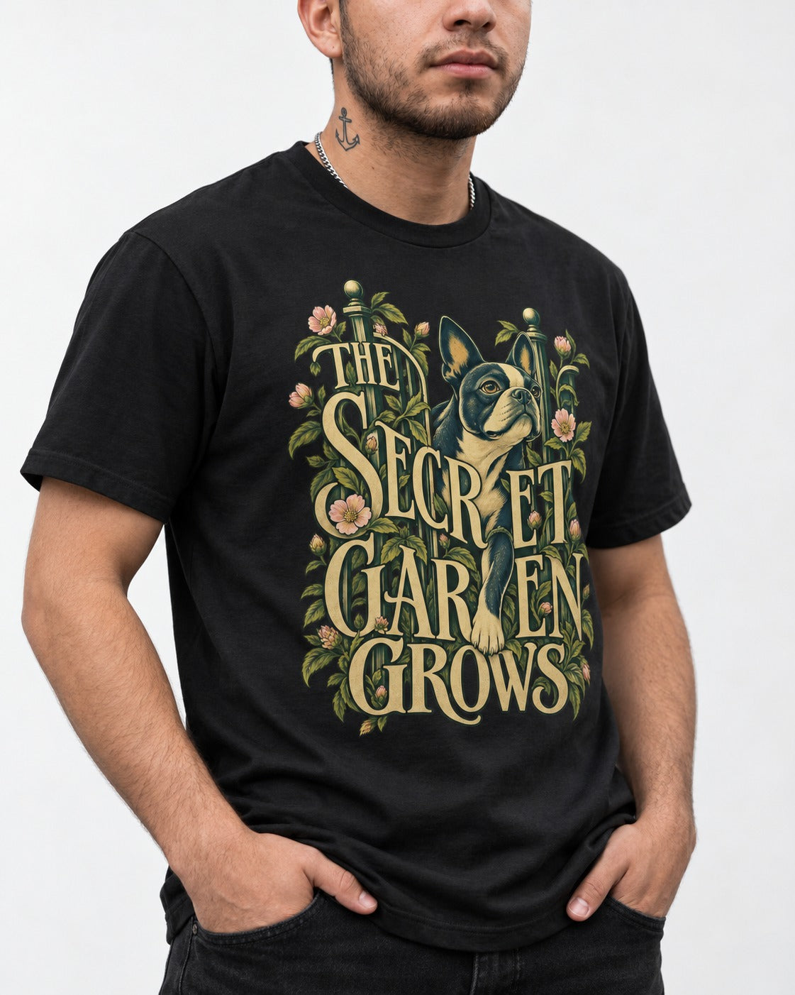 The Secret Garden Grows Boston Terrier T-Shirt in Black, worn by a model, front view