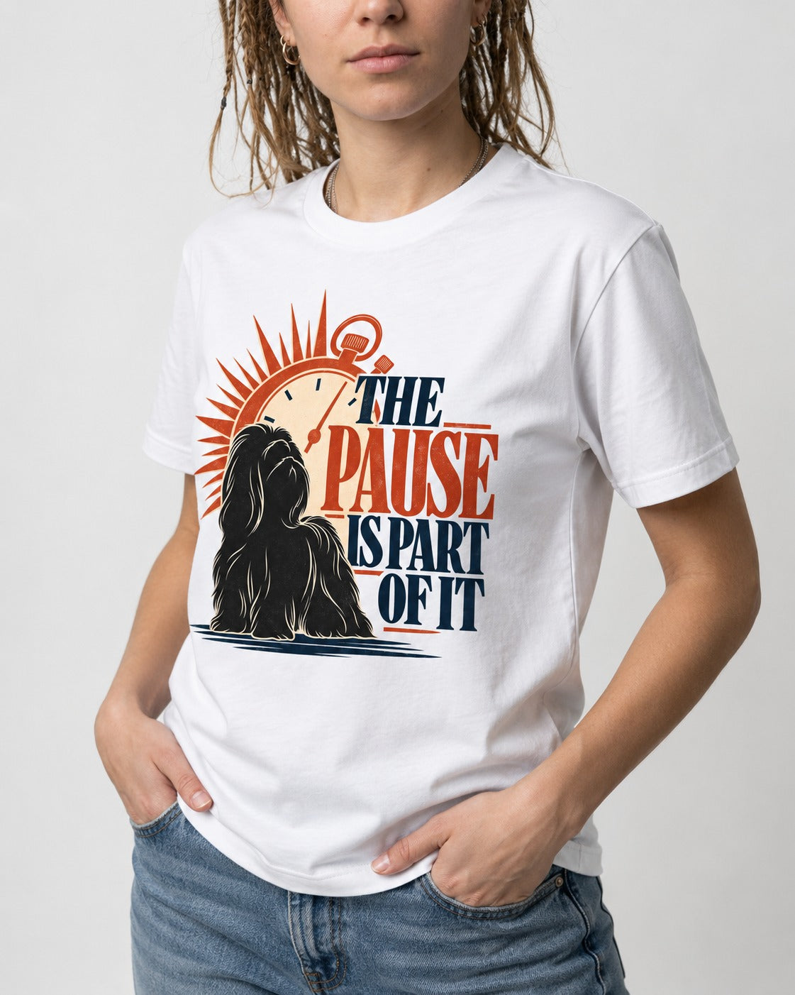 The Shih Tzu Pause T-Shirt in White, worn by a model, front view