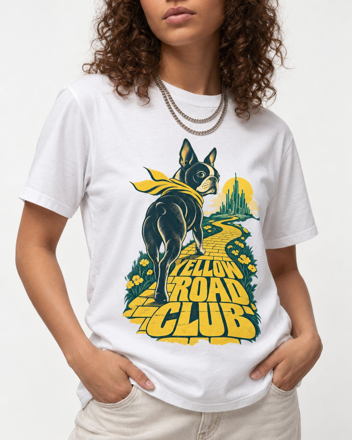 Boston Terrier Yellow Road Club T-Shirt in White, worn by a model, front view