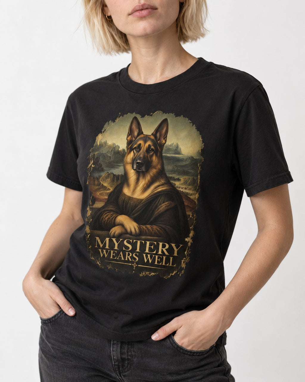 German Shepherd Dog Mystery Wears Well Renaissance Portrait T-Shirt in Black, worn by a model, front view