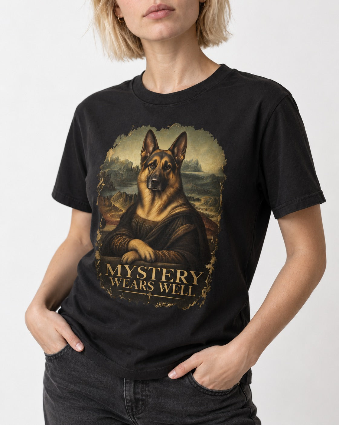 German Shepherd Dog Mystery Wears Well Renaissance Portrait T-Shirt in Black, worn by a model, front view