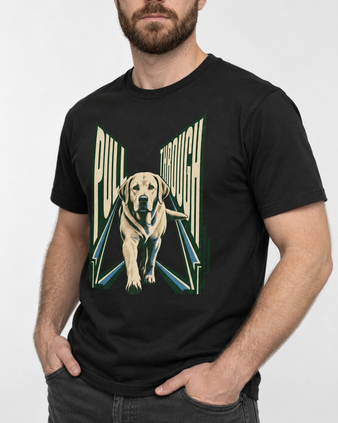 Labrador Retriever Pull Through Perspective Graphic T-Shirt in Black, worn by a model, front view