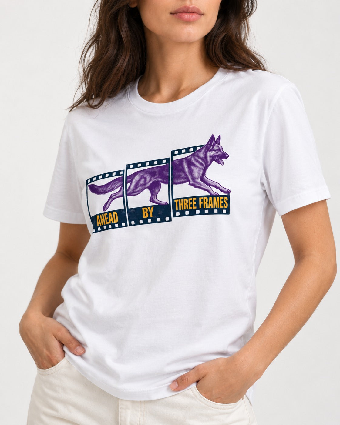 German Shepherd Dog Ahead by Three Frames T-Shirt in White, worn by a model, front view