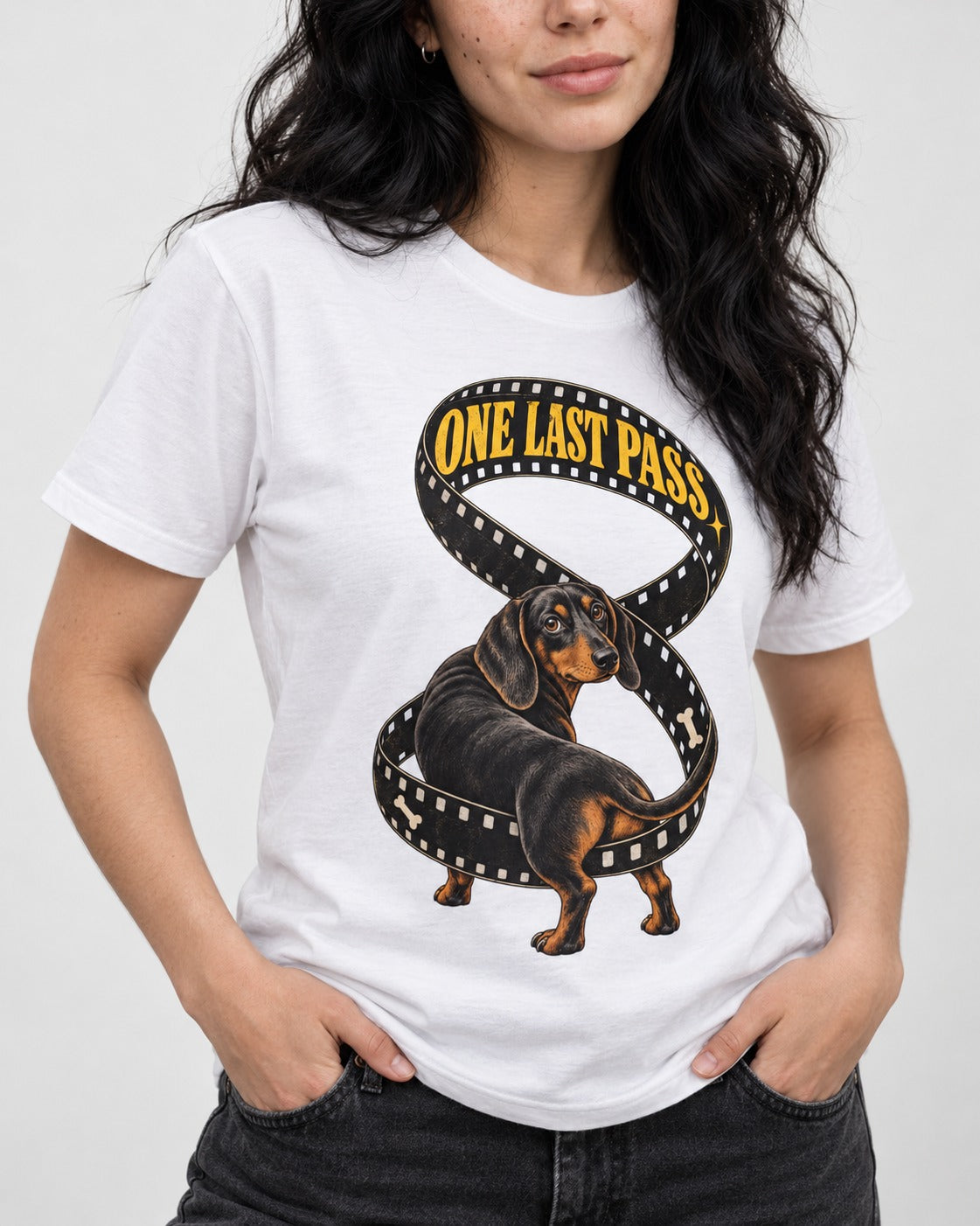 Dachshund's One Last Pass T-Shirt in White, worn by a model, front view