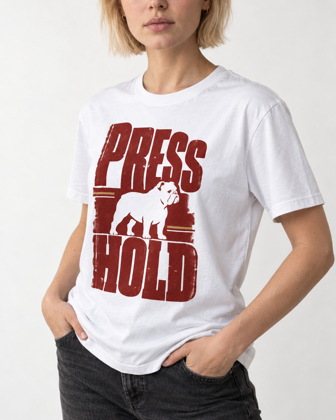 English Bulldog Press and Hold T-Shirt in White, worn by a model, front view