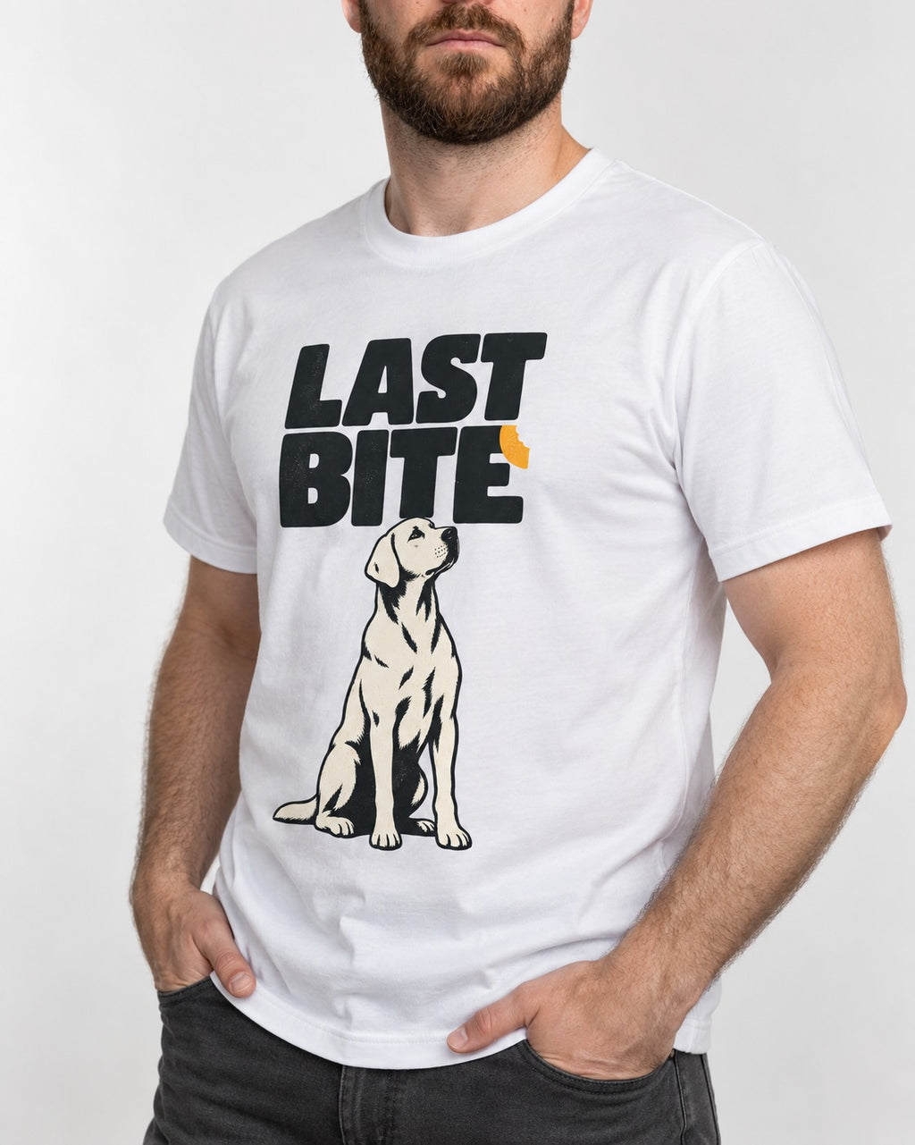 Labrador Retriever's Last Bite T-Shirt in White, worn by a model, front view